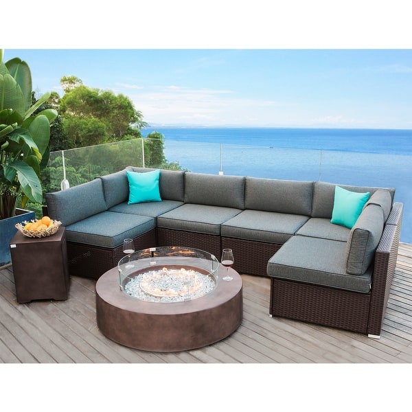 slide 2 of 7, COSIEST 9-piece Outdoor Patio Furniture Sectional Sofa Set w Fire Table Set Brown