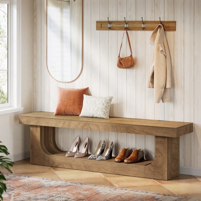 63 Inch Long Shoe Bench Entryway With Storage, Wooden End of Bed Bench - 13.8" D x 63" W x 17.72" H