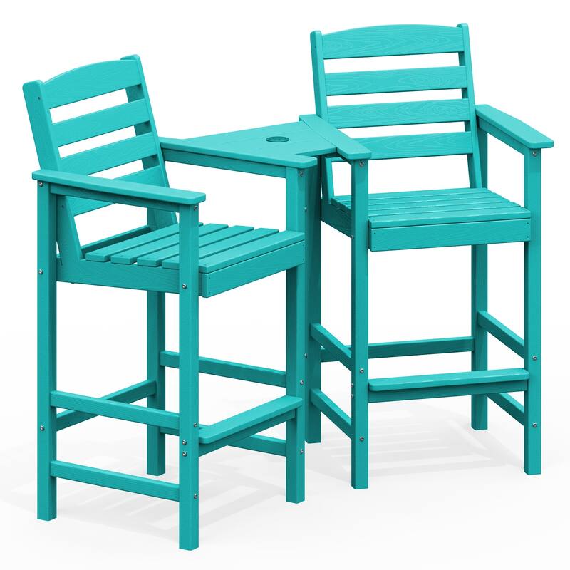 HDPE 2-Piece High Bar Stool Set with Umbrella-Compatible Connecting Panel - Tiffany Blue