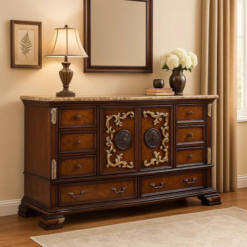 Iliana 8 Drawer Wide Dresser with 2 Door Cabinet, Dark Cherry Brown Wood