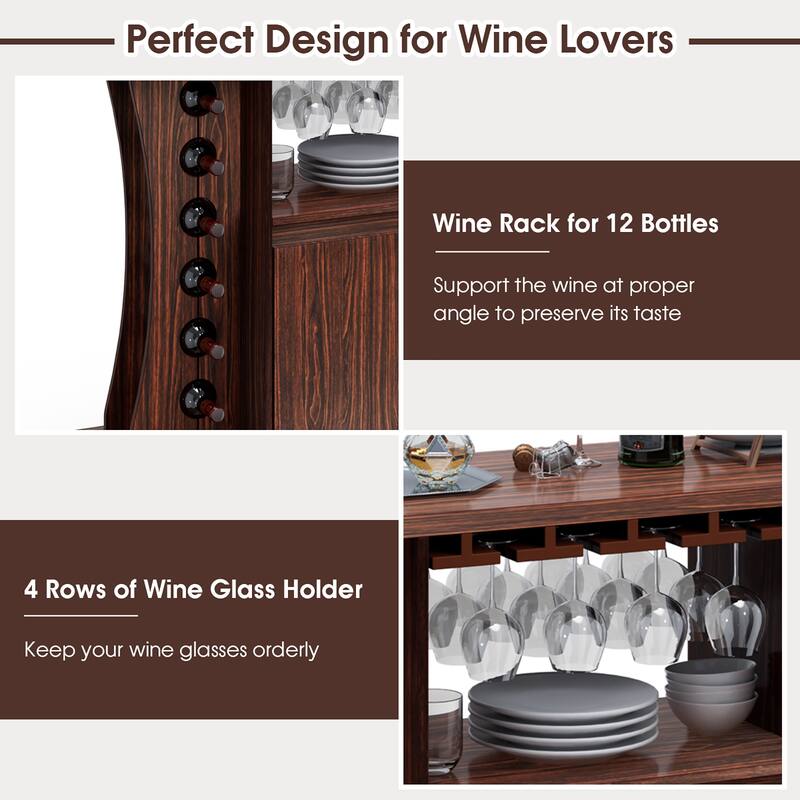 Wood Buffet Server Rolling Sideboard Console Table w Wine Bottle Rack
