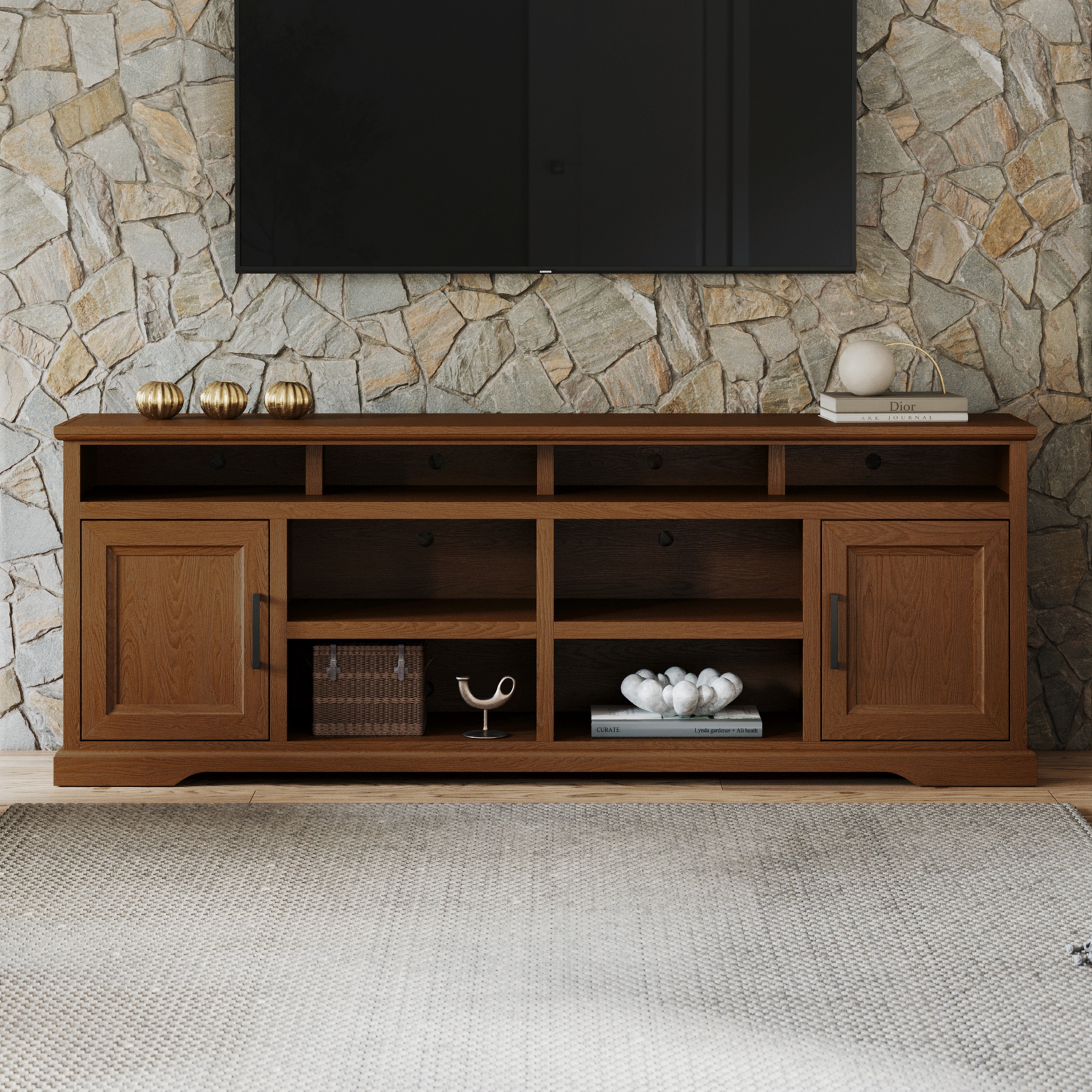 Bridgevine Home Cheyenne 86 Inch TV Stand Console, for TVs up to 95 inches, No Assembly Required, Bourbon Oak Finish
