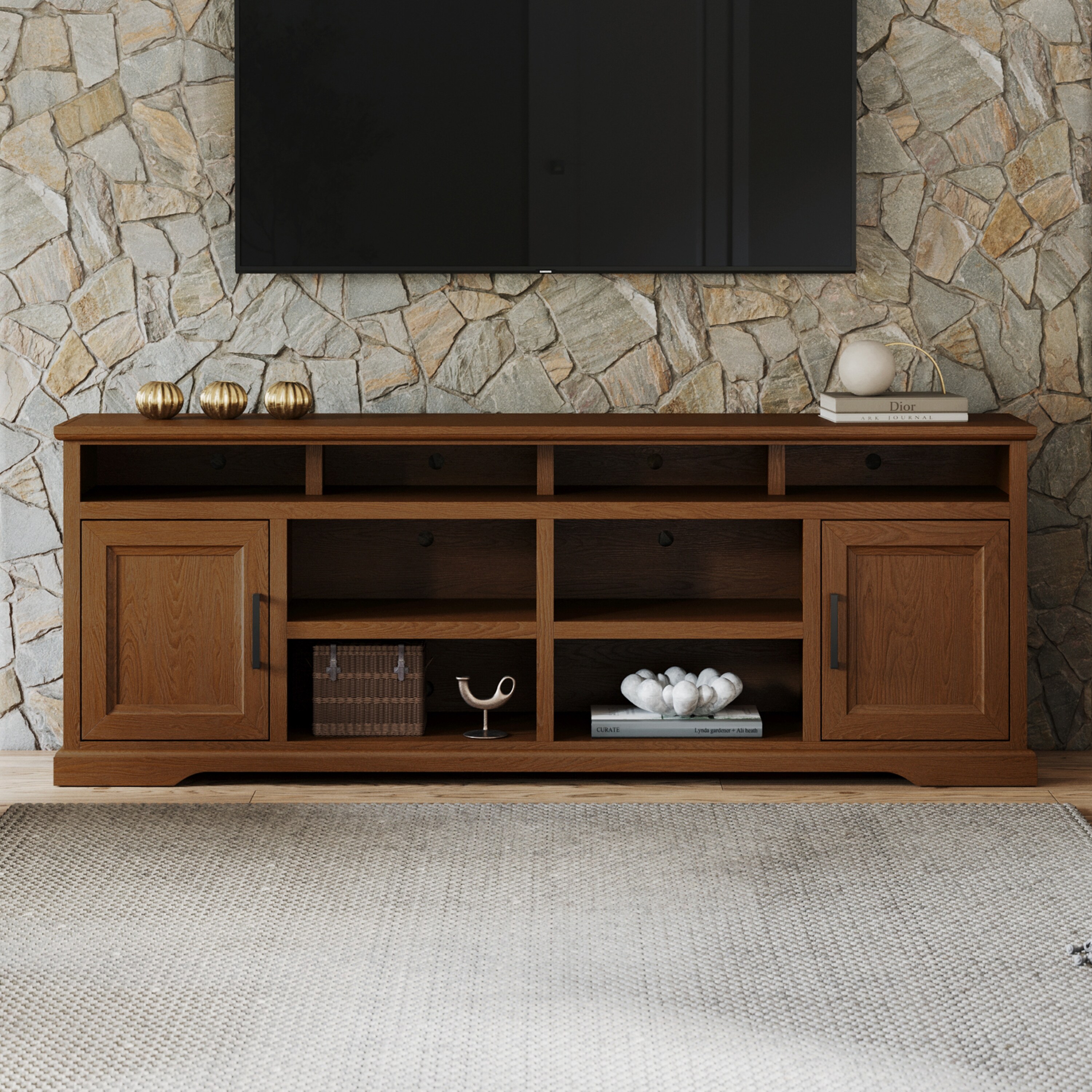Bridgevine Home Cheyenne 86 Inch TV Stand Console for TVs up to 95 inches No Assembly Required Bourbon Oak Finish Bed Bath Beyond 37994573