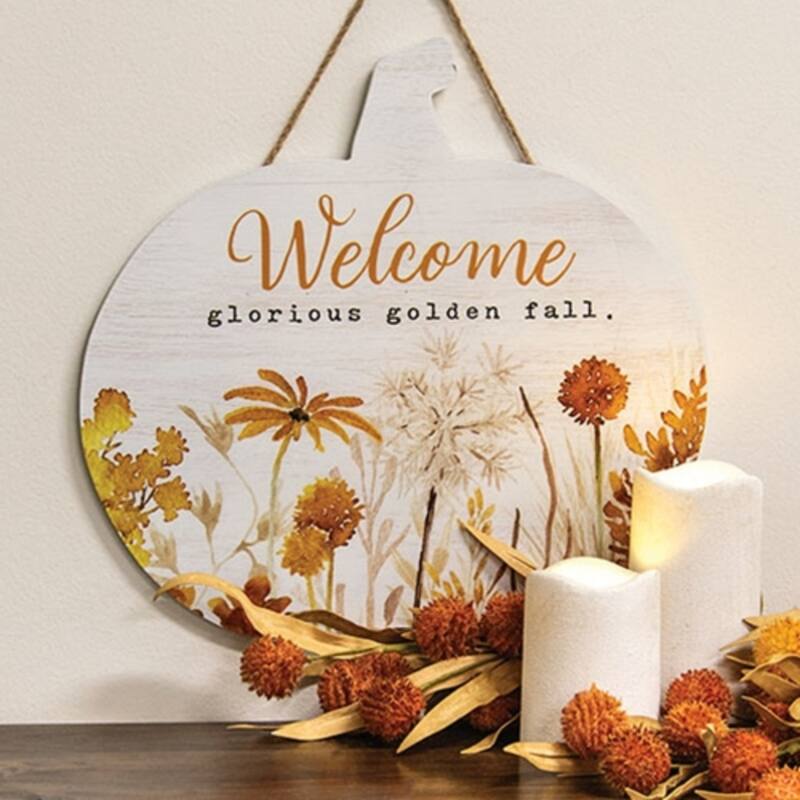 Autumn Wall Hanging Pumpkin Sign with Warm Floral Design and Welcome Glorious Golden Fall Text - 13.5" H x 14" W x .25" D