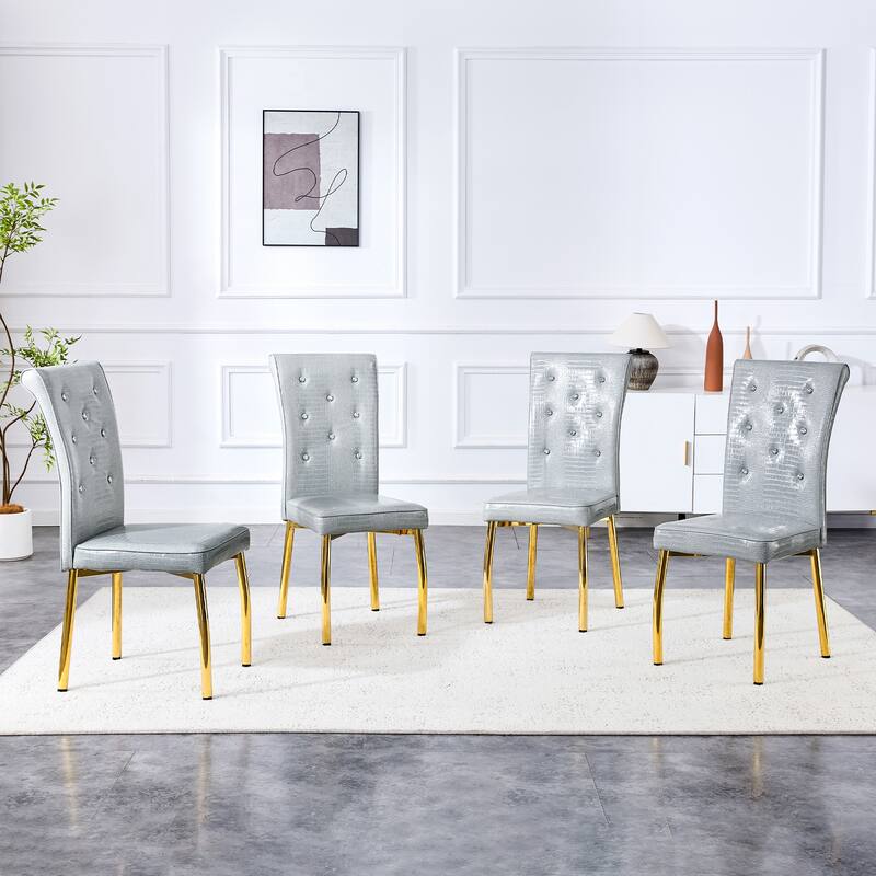 A set of 2 vintage crocodile leather cushioned dining chairs, featuring crystal clasp design and artificial leather design