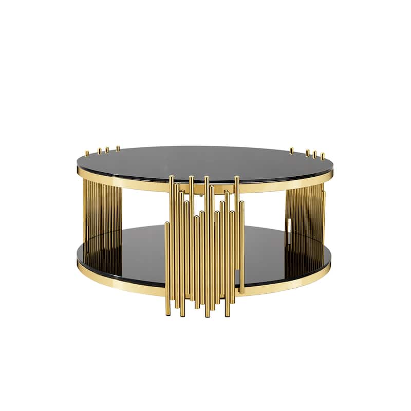 Double Layer Black Tempered Glass Top Stainless Steel Round Coffee Table for Living Room