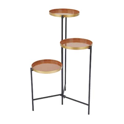 Metal Foldable 3 Tier Indoor Plantstand with Enameled Interior - Orange - Roche River Decor