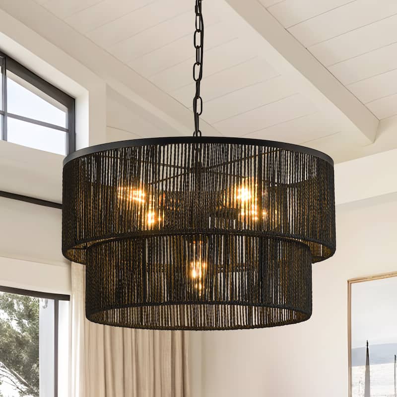 Starsky 5-Light Tiered Rattan Drum Pendant - Black