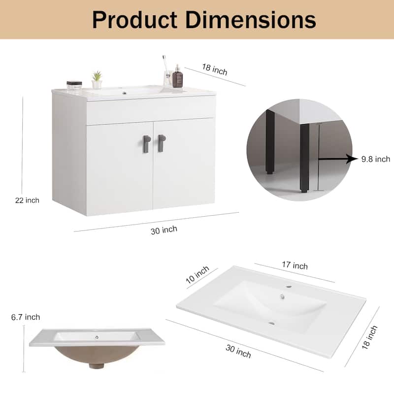 Bathroom Vanity with Metal Leg, White Ceramic Basin & 2 Soft Close Doors