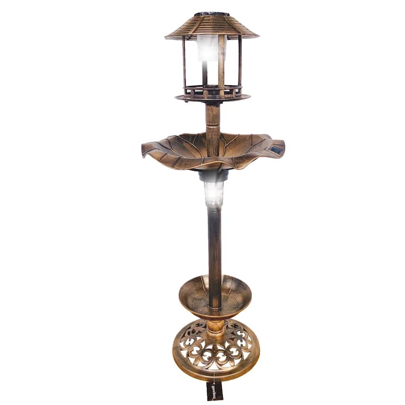 Solar Outdoor Bird Bath Antique Pedestal Fountain Decor Backyard, Gardens W/planter Foundation, Feeder, Stylish Led Lamp - Gold