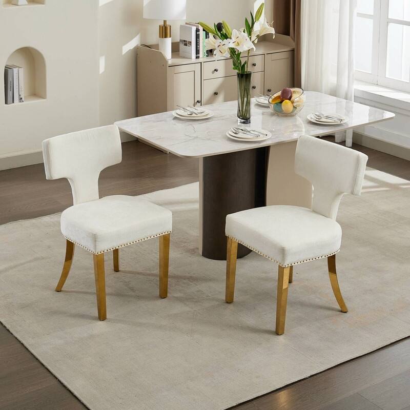 Dining Chairs Set of 2, Farmhouse Chenille Fabric Upholstered Accent Chair Curved Backrest with Copper Nails around