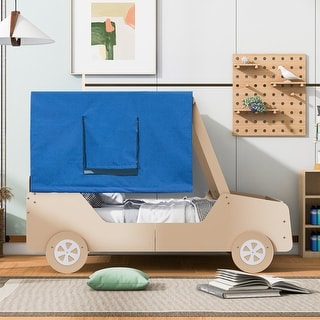 Full Size Car Shaped Platform Bed with Wheels & Tents, Natural - Bed ...