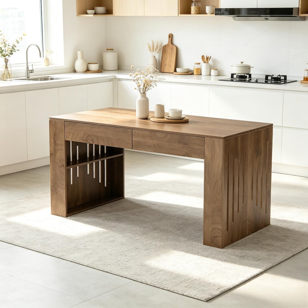 63" Wood Dining Table with 2 Drawers & Side Storage - N/A