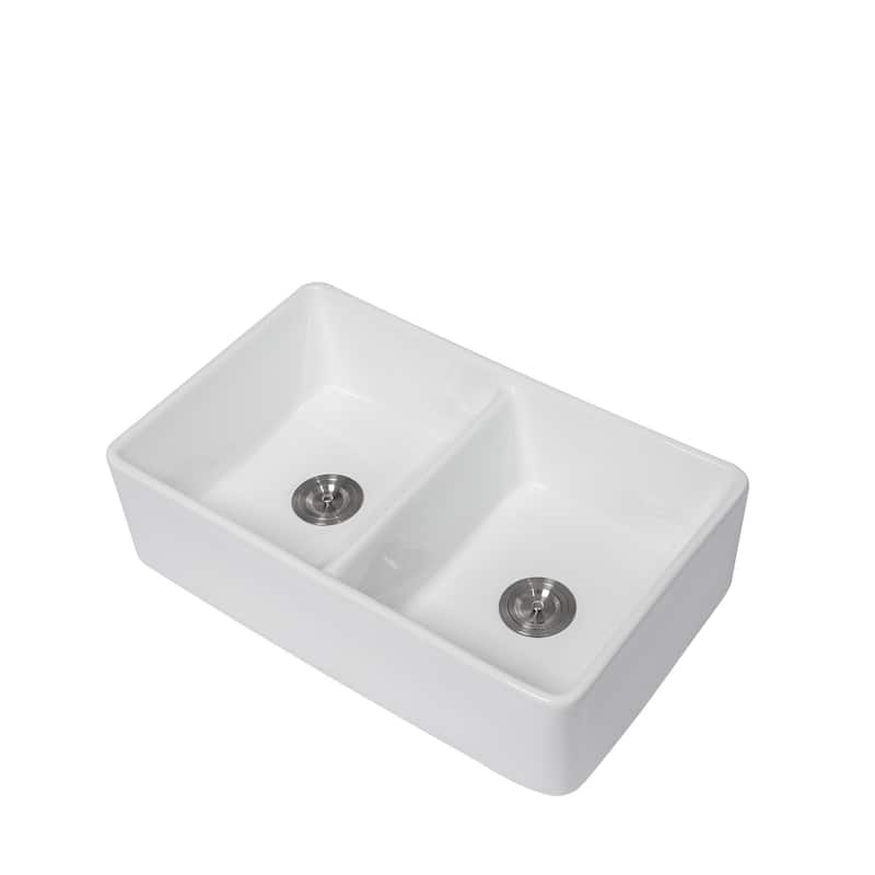 32'' Farmhouse Ceramic Double Bowl Kitchen Sink in White - 32'' x 20'' x 9''