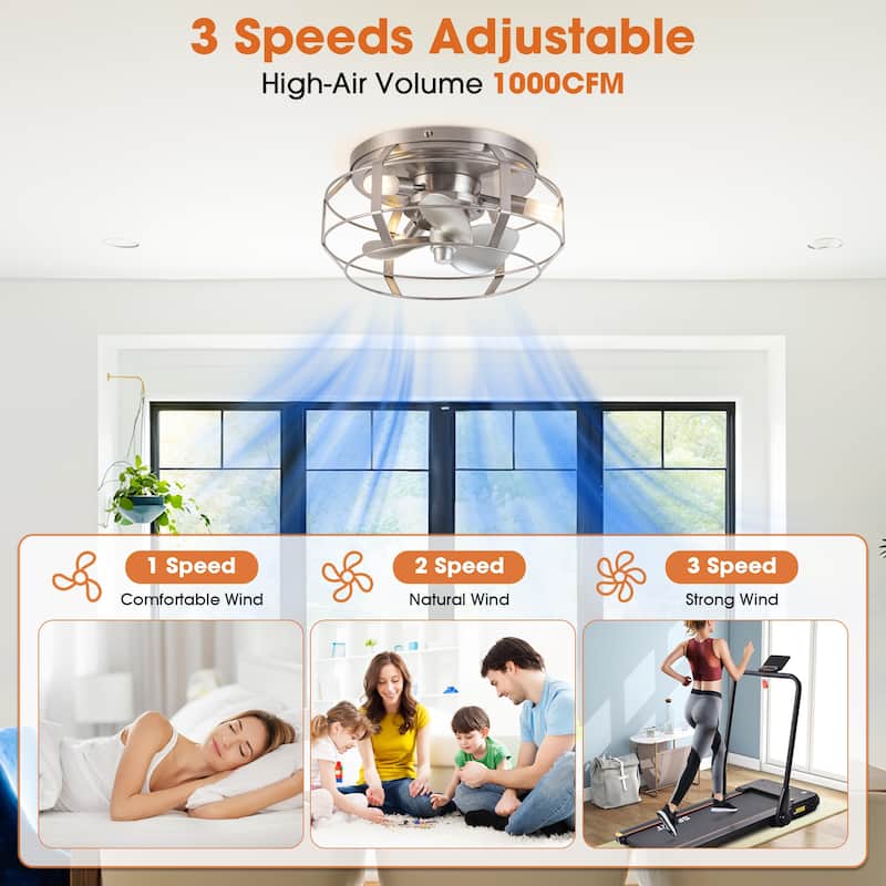 Industrial 3-Light Metal Caged Low Profile Ceiling Fan with Light