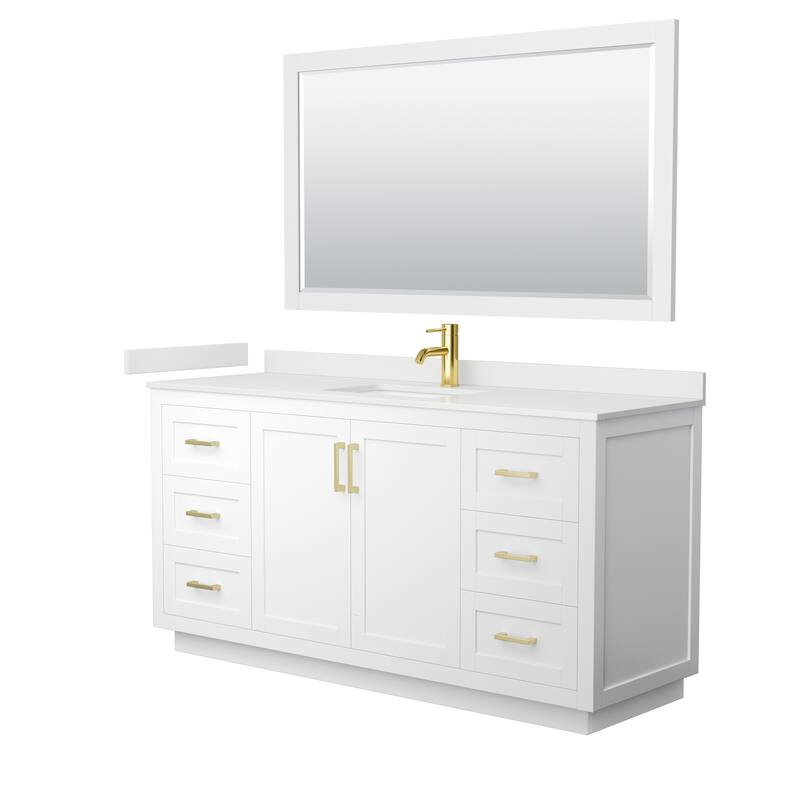 Miranda 66-inch Single Vanity, Quartz Top, 58-inch Mirror - White, Gold Trim, White Quartz Top