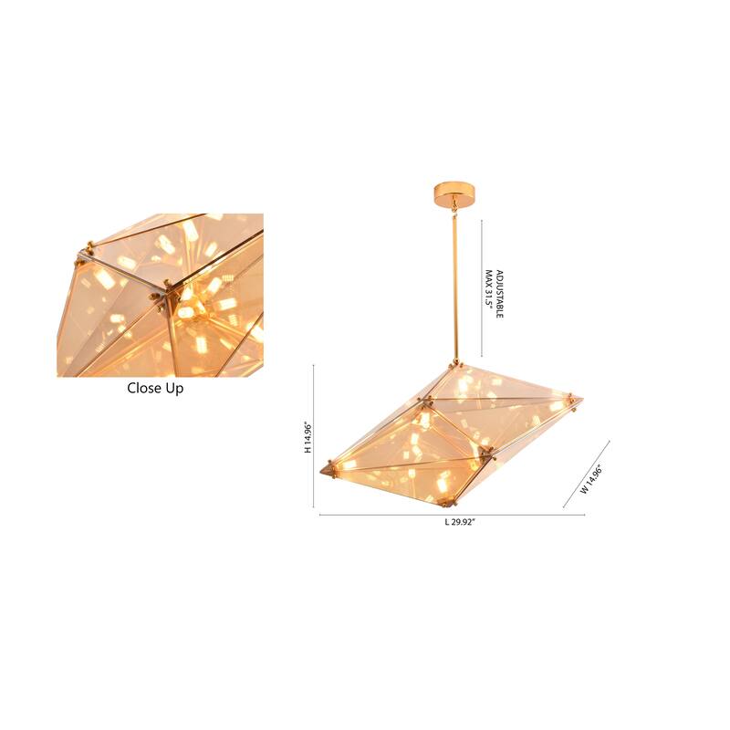 30" Gold Metal Chandelier With An amber Glass Shade
