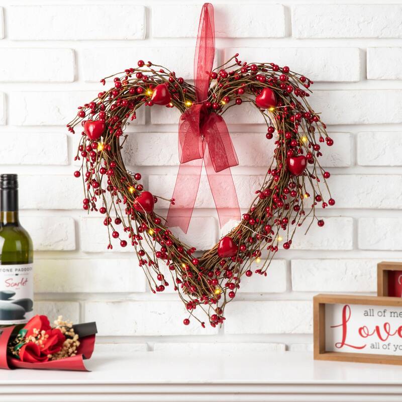 Glitzhome Valentine's Berry Heart or Round Wreath Hanging Decor