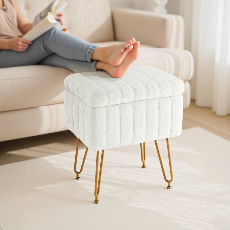 Faux Faric Soft Padded Rectangular Accent Small Ottoman Vanity Stool Chair with Storage & 4 Metal Legs