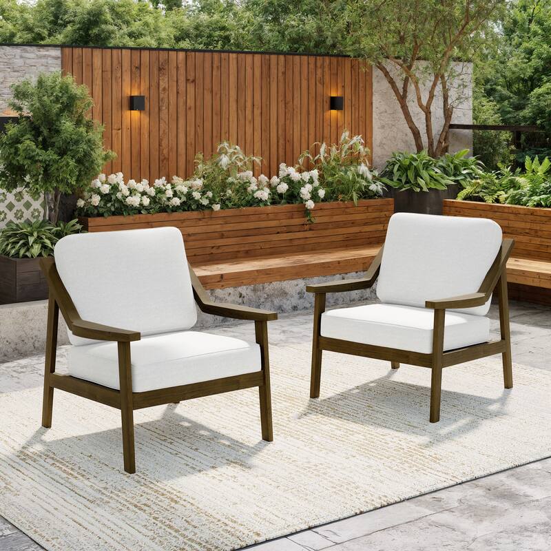 Solid Wood Outdoor Arm Chair Loveseat with Cushion - Brown/Beige - 2 Club chairs