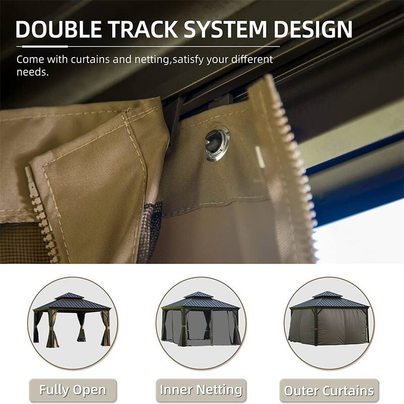 12'x12' Outdoor Aluminum Hardtop Gazebo with Double Roof, Curtains, and Netting for Patio and Backyard