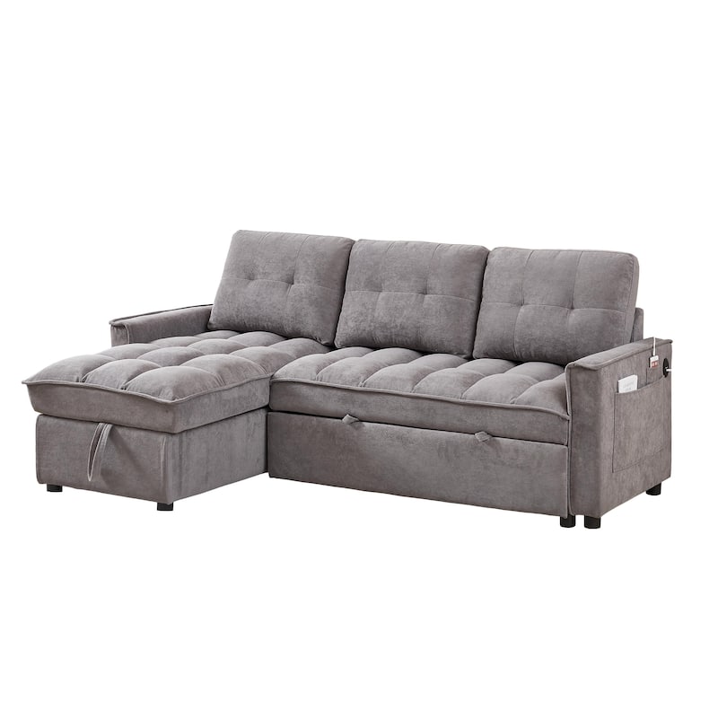 78.75" Reclining Sofa Bed with Charging Ports, L-Shaped Sectional with Storage, Dark Grey Chenille