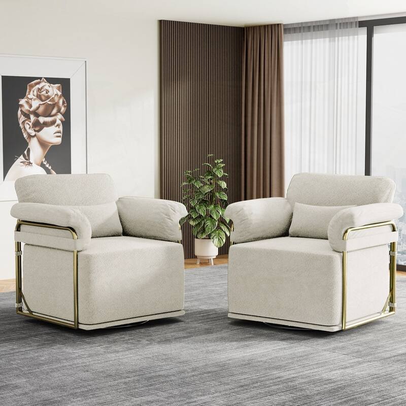 360 Degree Barrel Swivel Fluffy Fabric Lounge Wide Upholstered Reading Chair with Gold Metal Legs