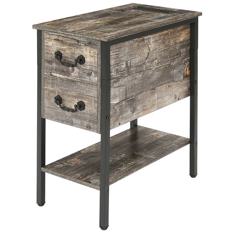 Nightstand with Charging Station, 2 USB Port & 2 Power Outlets, Tall End/Side Table with 2-Drawer and Storage Shelf - Old Gray