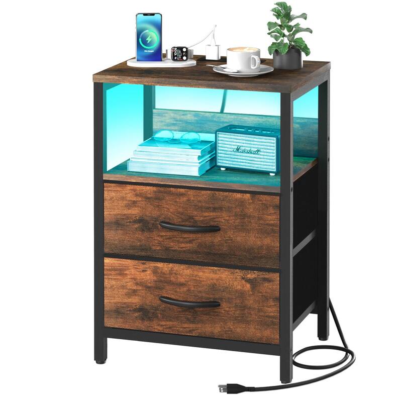 Nightstand with Charging Station,LED Night Stand with Fabric Drawers and Storage Shelf,Nightstands Bedside Tables with USB Ports - Brown