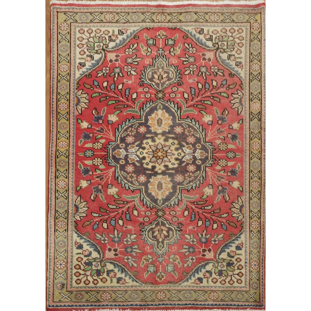 Hand Knotted Oriental 100% Wool Carpet Traditional Tribal Red Tabriz Area Rug - 4' 10'' X 3' 5''