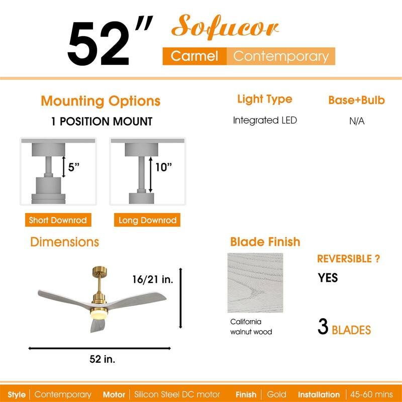 52" Wood Blades Integrated Dimmable LED Ceiling Fan with Light and Remote