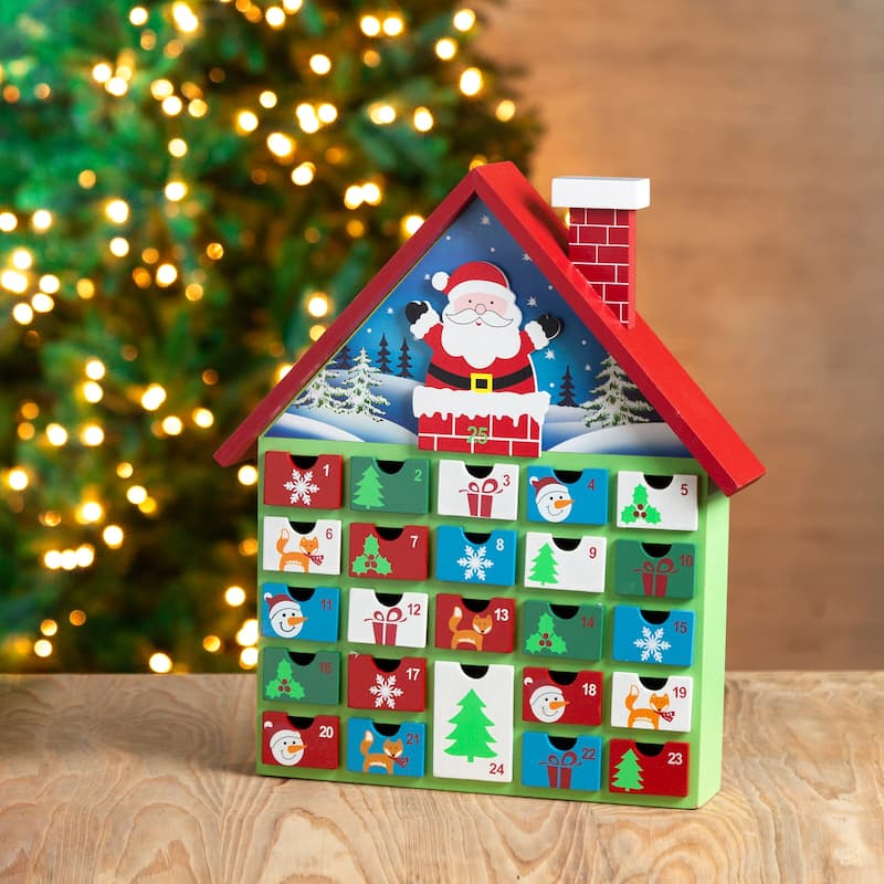 Glitzhome Christmas Wooden LED Farmhouse Countdown Advent Calendar with Drawer