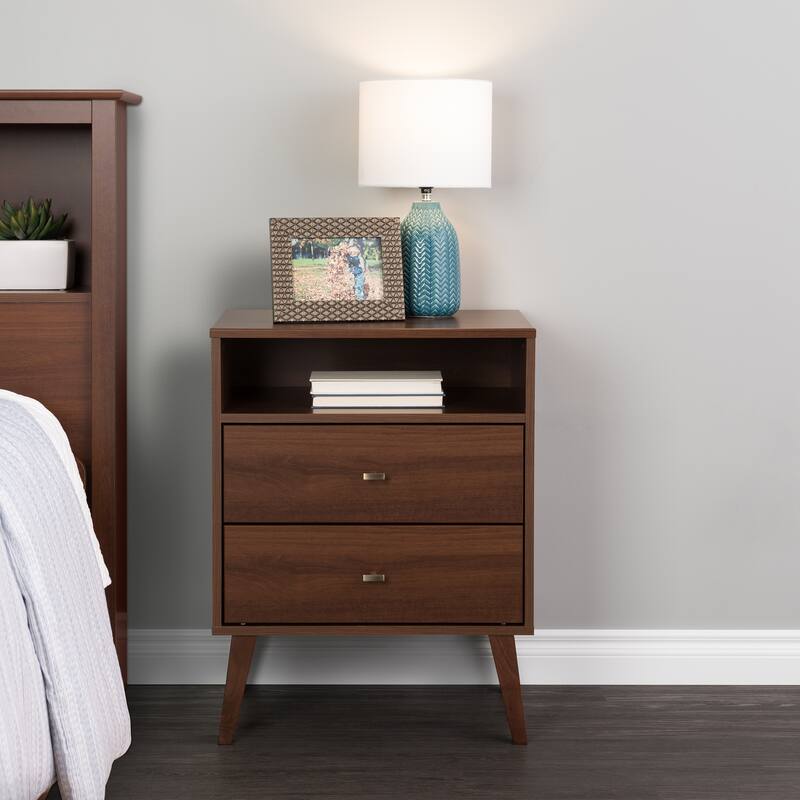 Prepac Milo Mid-Century Modern 2 Drawer Nightstand with Open Shelf, Bedside Table, Contemporary Bedroom Furniture