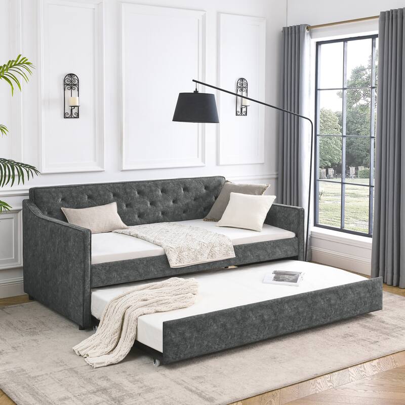 Roomfitters Twin Upholstered Daybed with Twin Trundle, Tufted Backrest and Elegant Waved Arms