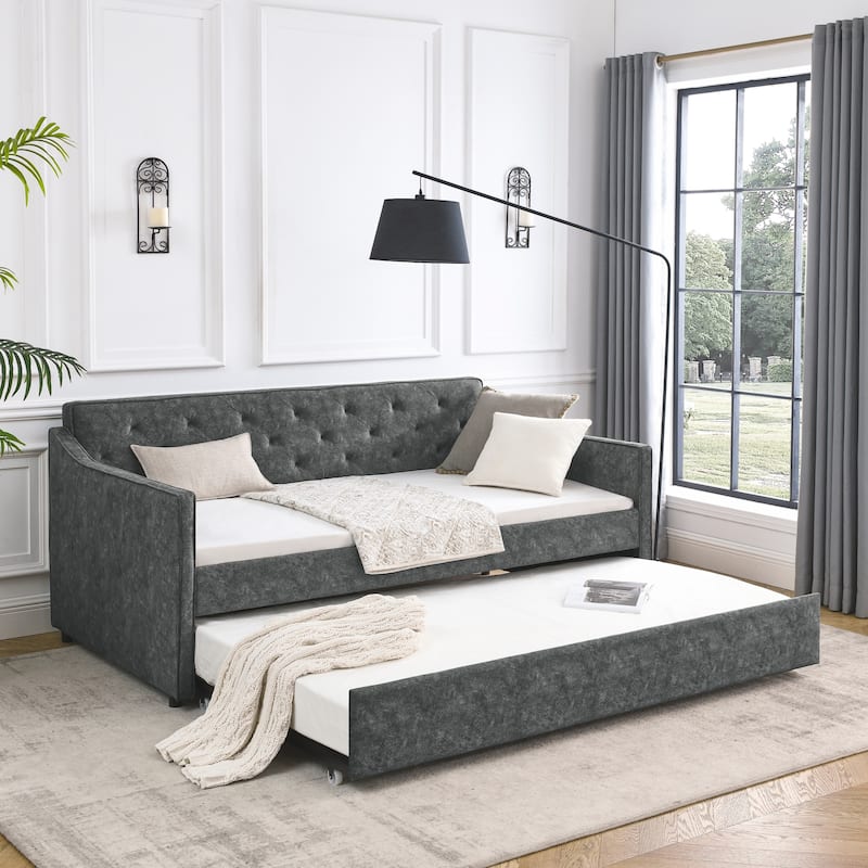 Twin Size Daybed with Twin Size Trundle Upholstered Tufted Sofa Bed,Waved Shape Arms(80.5"x44.5"x33.5") - Grey