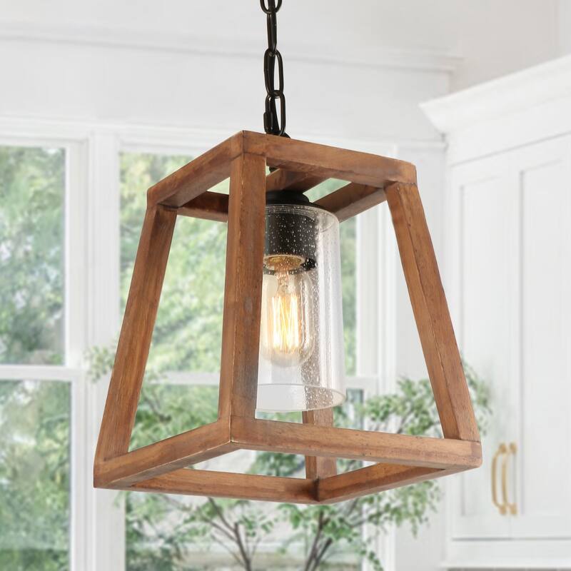 Anmytek Pendant Light Farmhouse Kitchen Wood Chandelier Rustic Hanging Ceiling Light Fixture - Brown