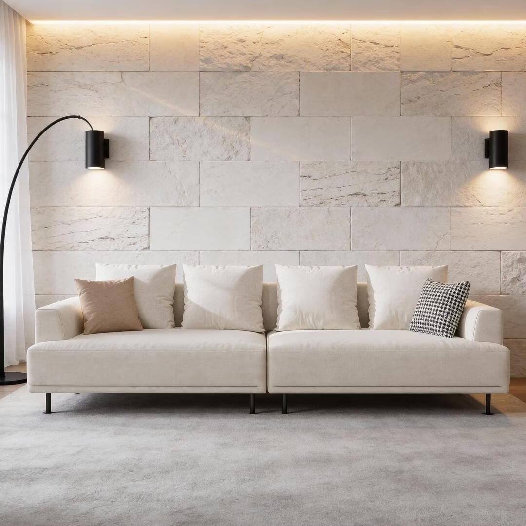 Modern Deep Seat Beige Fabric Sofa with Pillows