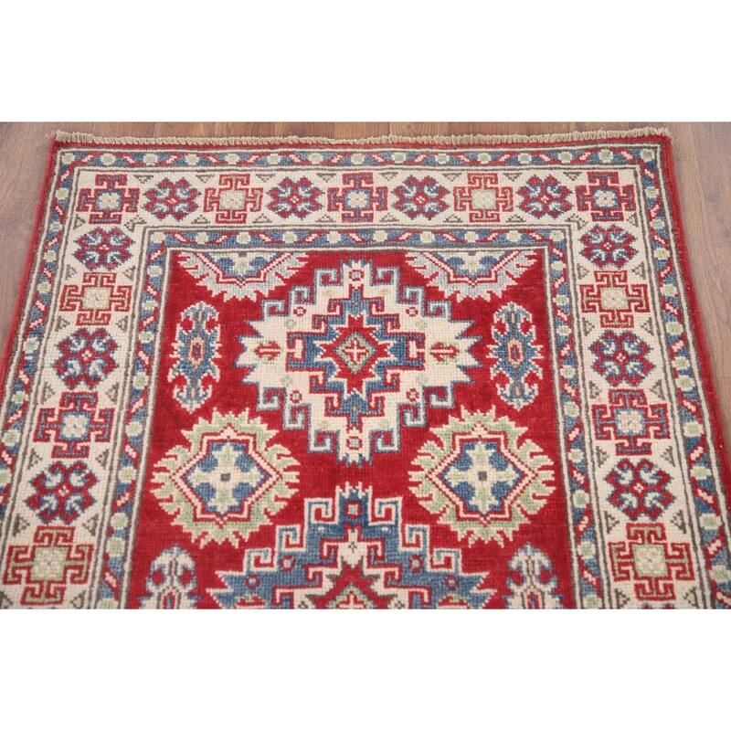 Hand Knotted Oriental 100% Wool Carpet Traditional Geometric Red Kazak Runner Rug - 7' 7'' X 2' 9''