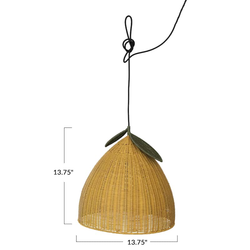 Hand-Woven Rattan Lemon Shaped Pendant Lamp, Yellow and Green(Hardwire Only) - 13.8"L x 13.8"W x 13.8"H