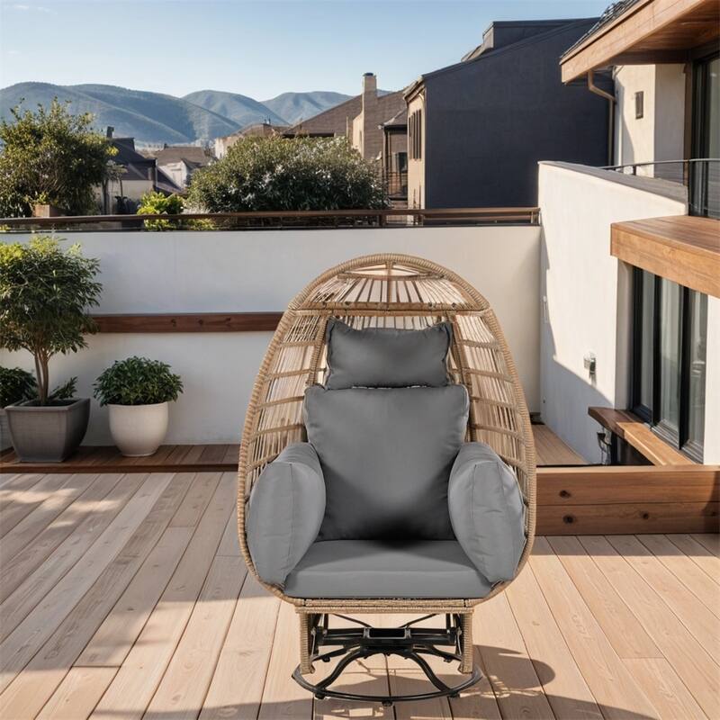 Rattan Swivel Egg Patio Chair with Rocking Function and Cushions - Natural+Grey