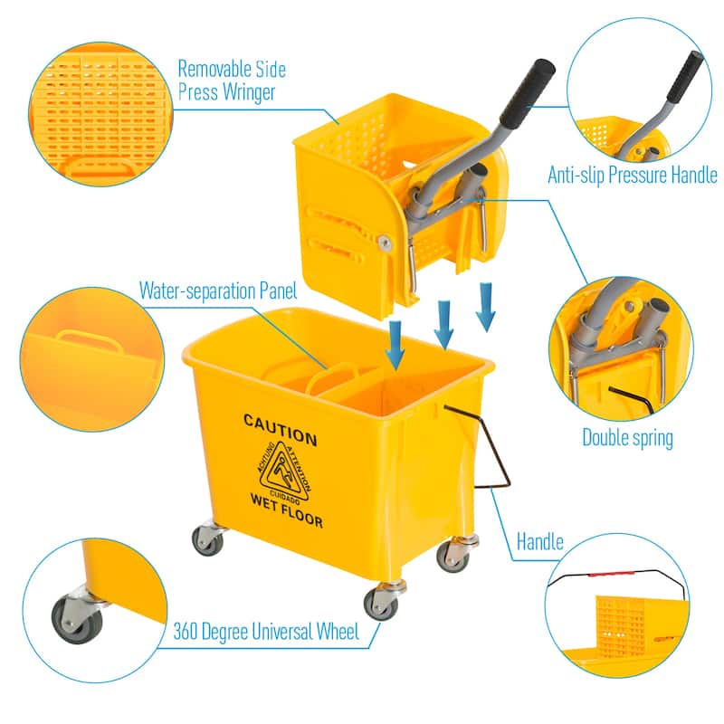 5 Gallon Mop Bucket With Side Press Wringer - 23.5" L x 10.75" W x 27.5" H