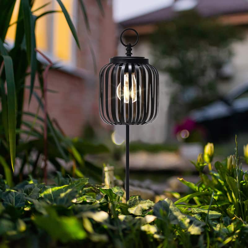 Glitzhome Metal Stripes Waterproof Solar Powered Outdoor Lantern with Garden Stake