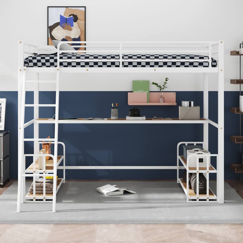 Heavy Duty Metal Bed Frame, Twin Size Loft Bed with Wood Desktop Desk, Storage Shelves and Charging Station for Bedroom