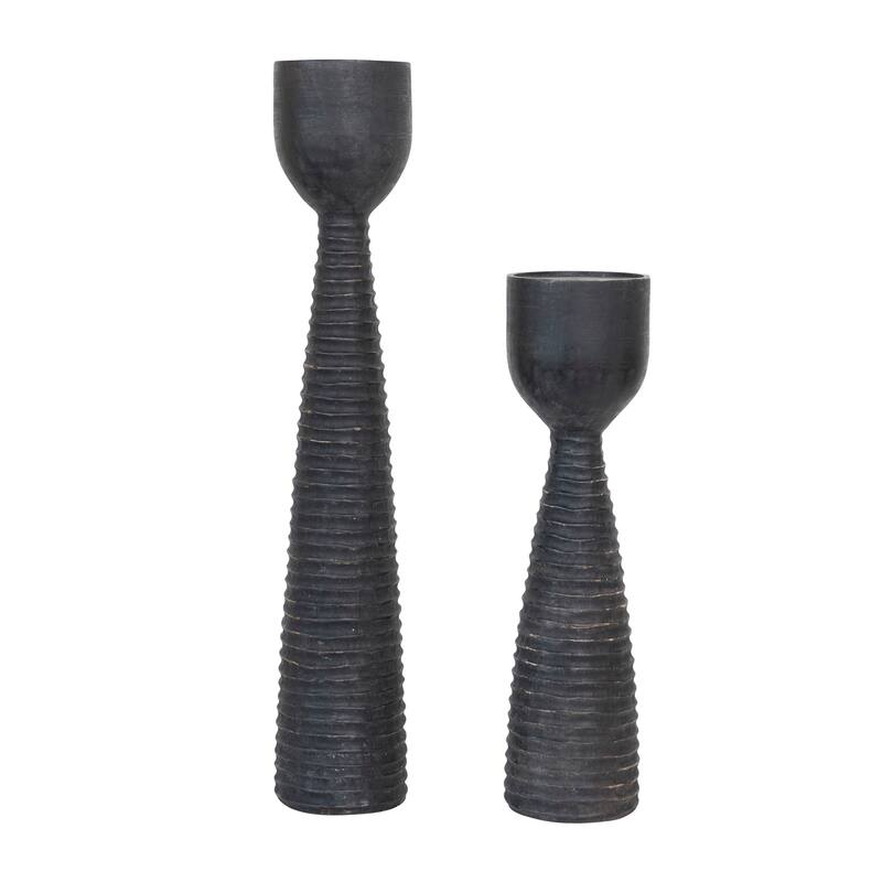 Hand-Carved Mango Wood Ribbed Candle Holder - 5.5"L x 5.5"W x 28.0"H