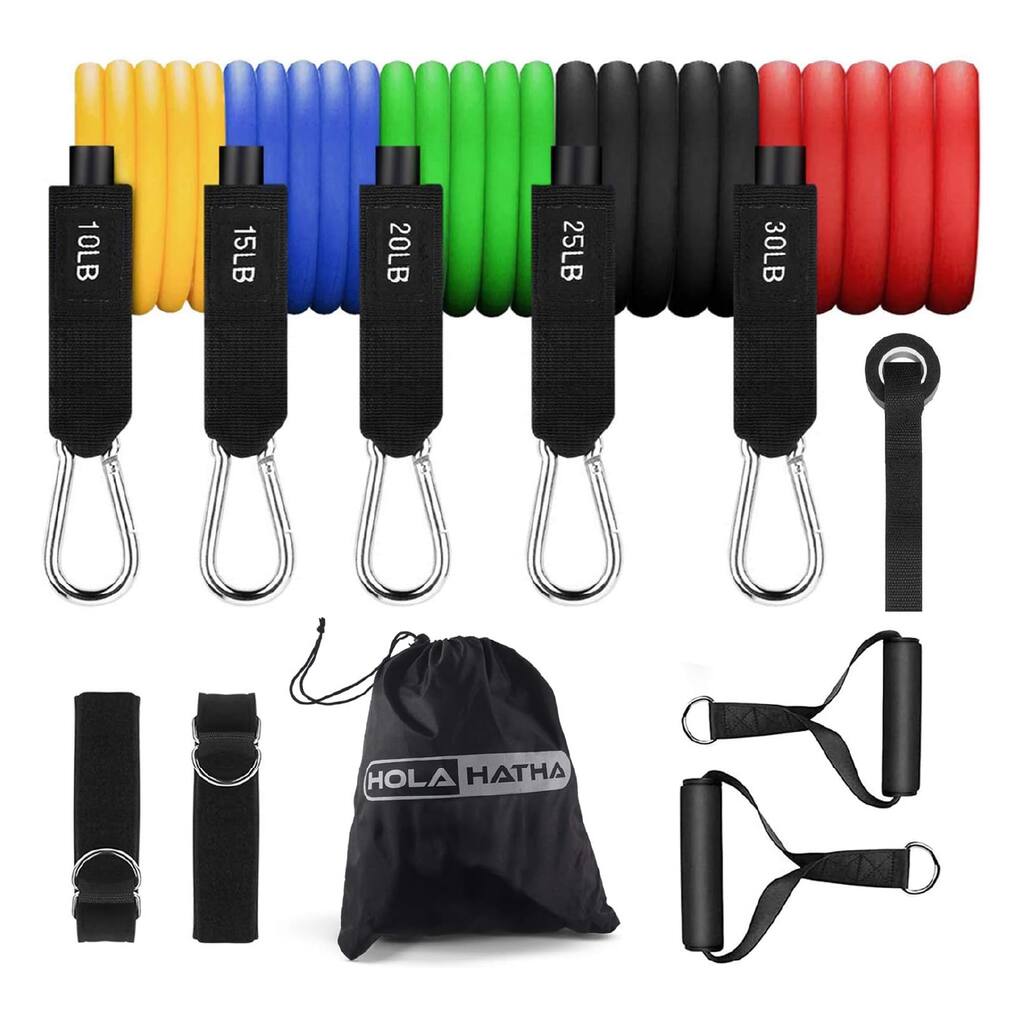 HolaHatha Resistance Band 110lb Maximum Workout Set with 5 Bands and 2 Handles - (L x W x H): 47.3 x 5.2 x 1.2 inches