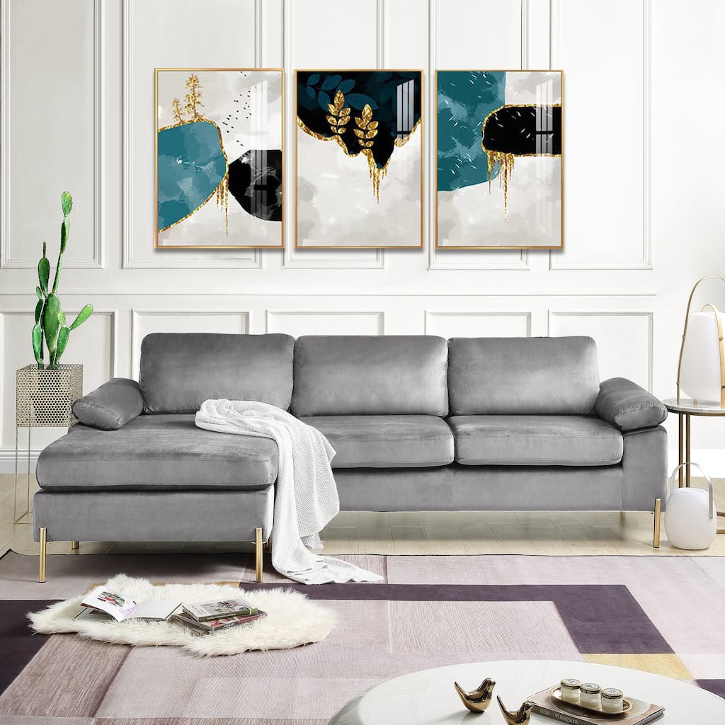 Gray Velvet Sectional Sofa with Chaise