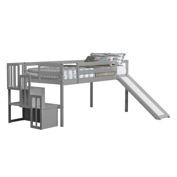 slide 2 of 11, Twin Loft Bed with Storage Staircase, Slide, Safety Guardrails Grey - Twin