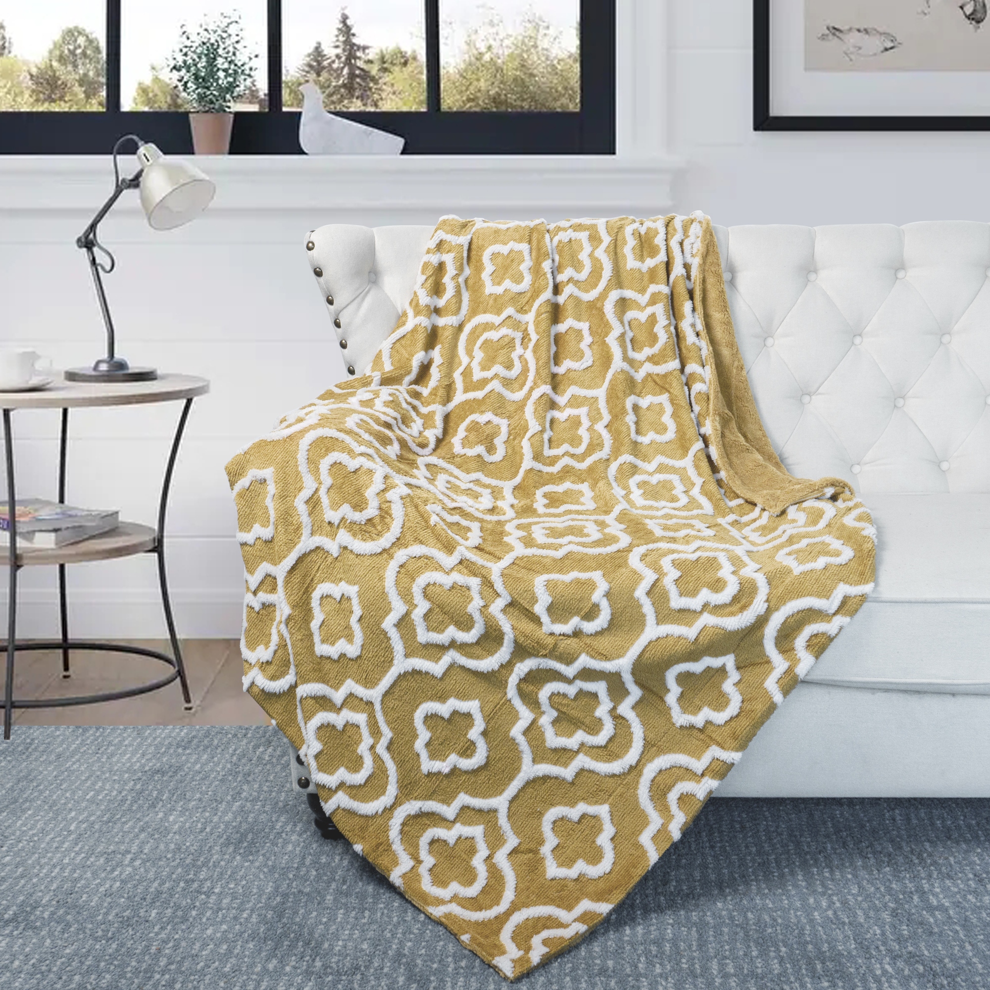 Grey and gold throw blanket top