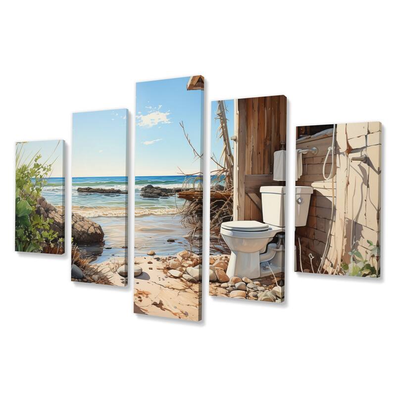 Designart "Bathroom Toilet Coastal Escape II" Bath & Laundry Multipanel Canvas Print set