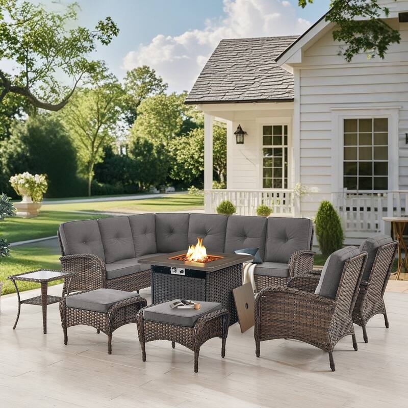 Gymojoy L-Shaped Outdoor Sectional Sofa Set with Fire Pit, Chairs & Ottomans - Grey - 7-Piece